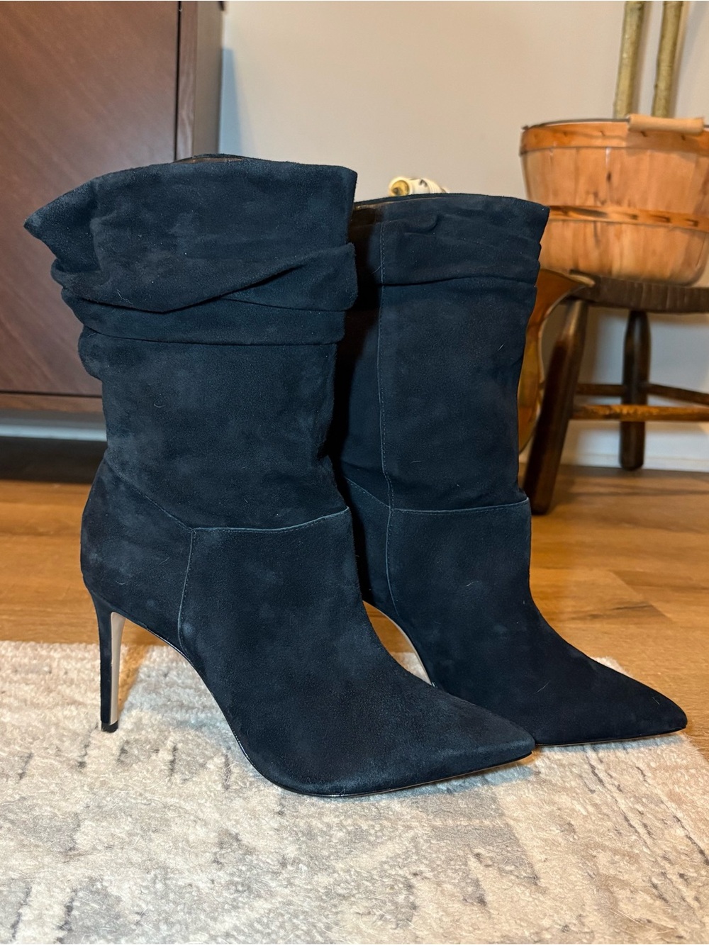NWOT SCHUTZ Black Suede Slouchy Pointed-Toe Stiletto Boots